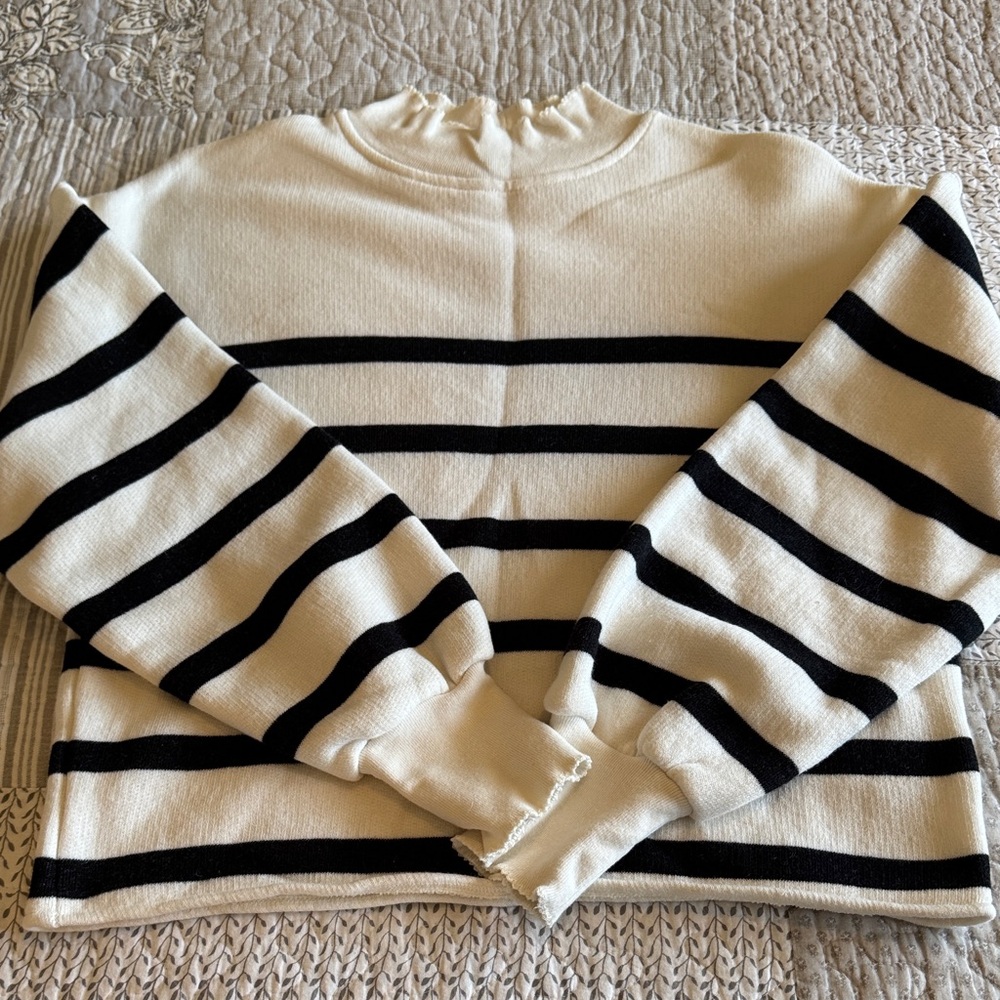 J. Crew Black and Cream Striped Turtleneck Sweater